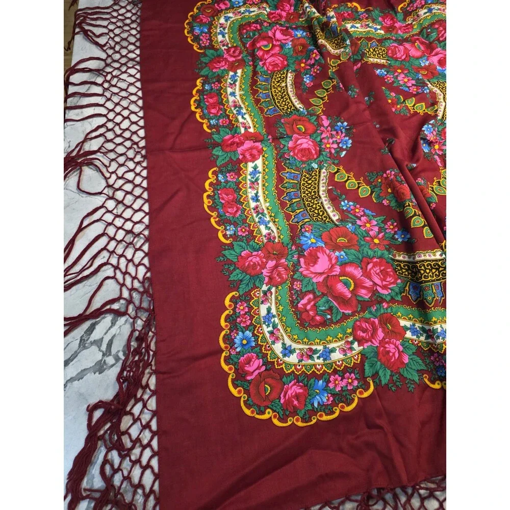 Vintage 100% Wool Floral Piano Shawl Burgundy Macrame Fringe Japan Fortune Telle